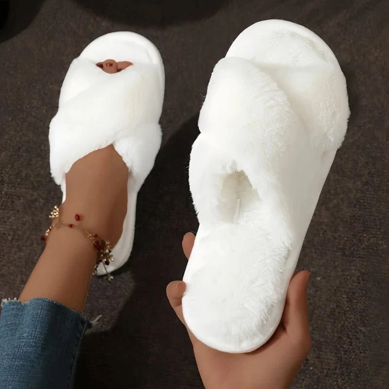 Women's fluffy fur slippers by TrendLux Wear, cozy open-toe slip-ons with non-slip soles for autumn and winter comfort.