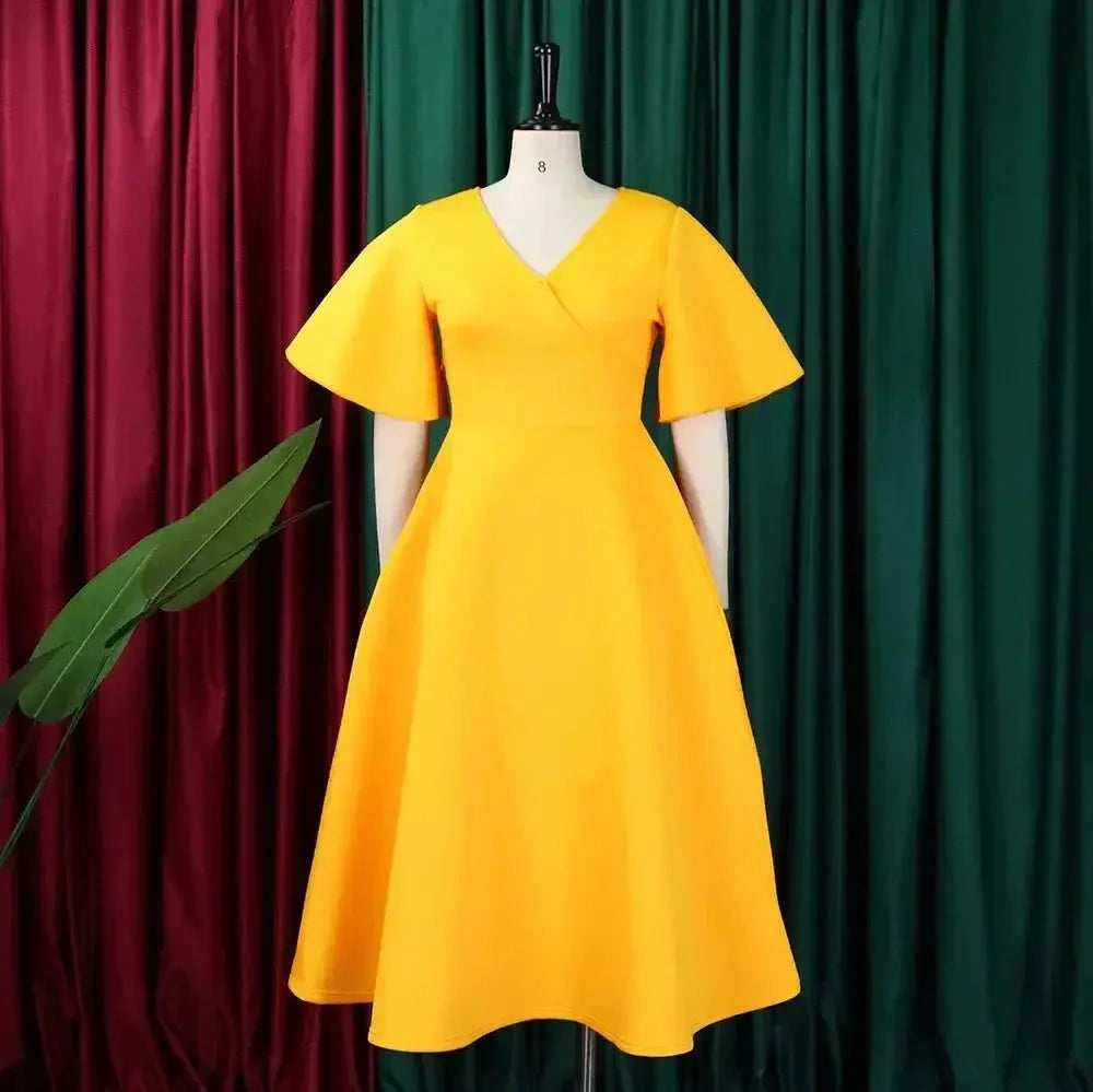 Women's high waist flare sleeve pleated A-line midi dress by The Glow Sanctuary, featuring a stylish polyester fabric and elegant design.