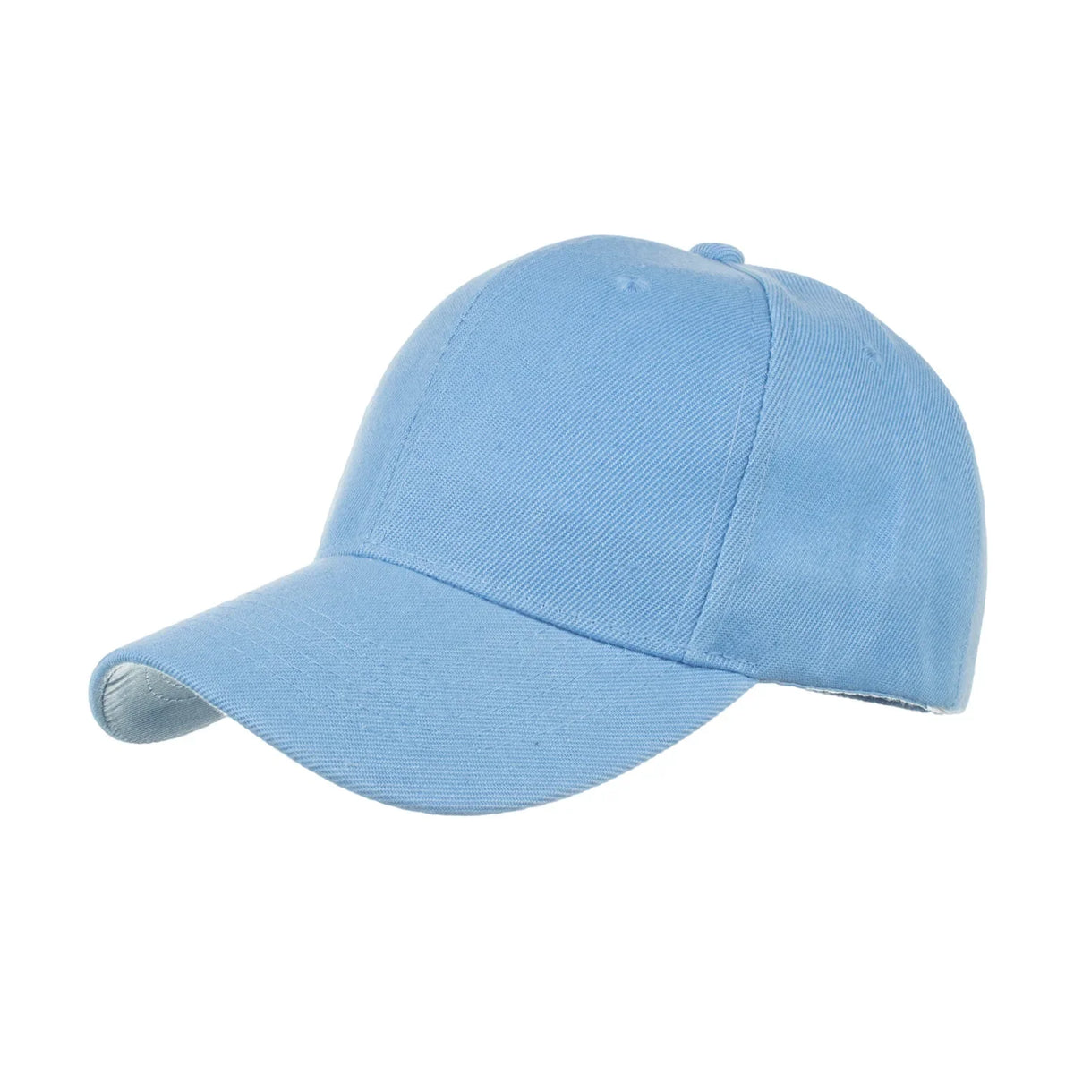 Unisex solid color baseball cap by TrendLux Wear, 5-panel structured hat in various colors, close-up view showing fabric and design.