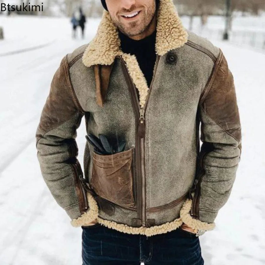 Men's Faux Leather Suede Fur-Lined Winter Jacket – Turn Down Collar Coat