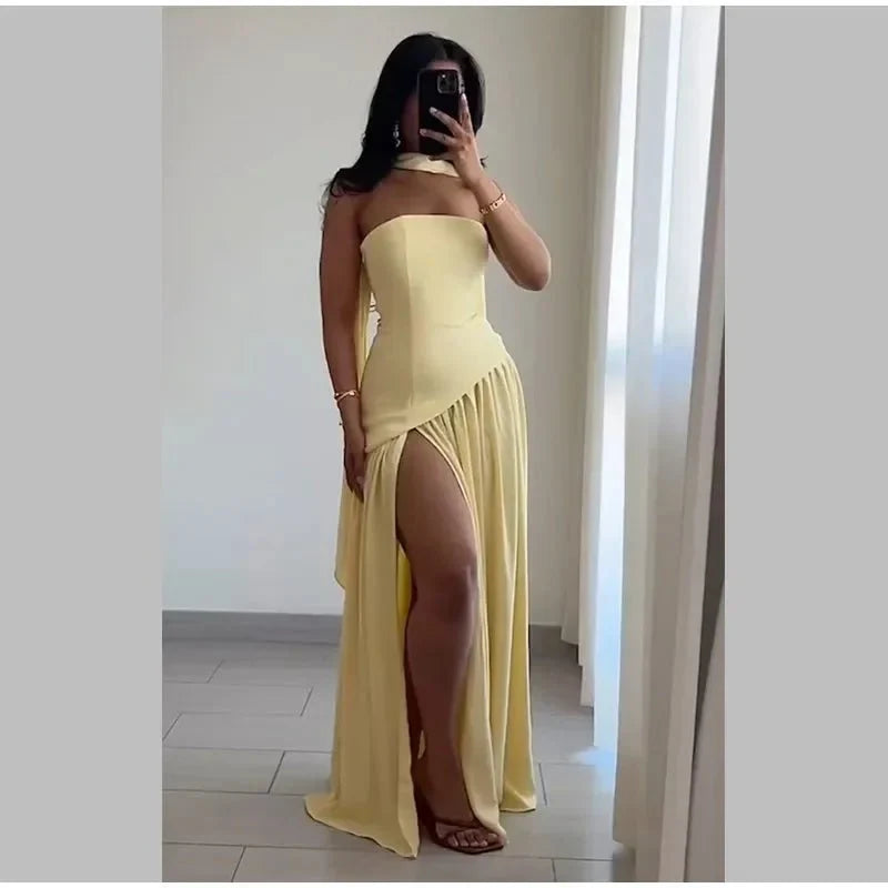 Women's Strapless Backless Maxi Dress with Ribbon Scarf - TrendLux Wear