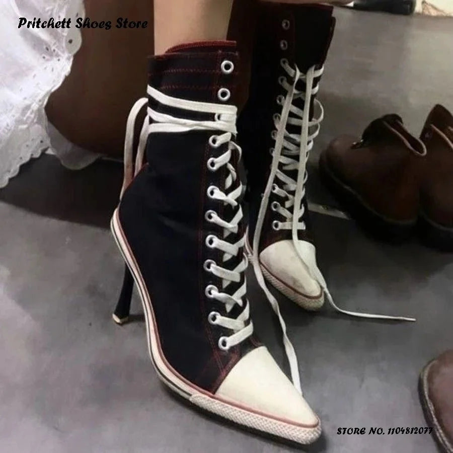 Women's Lace-Up Stiletto Ankle Boots | Pointed Toe High Heel Street Style Booties | Spring Autumn - TrendLux Wear