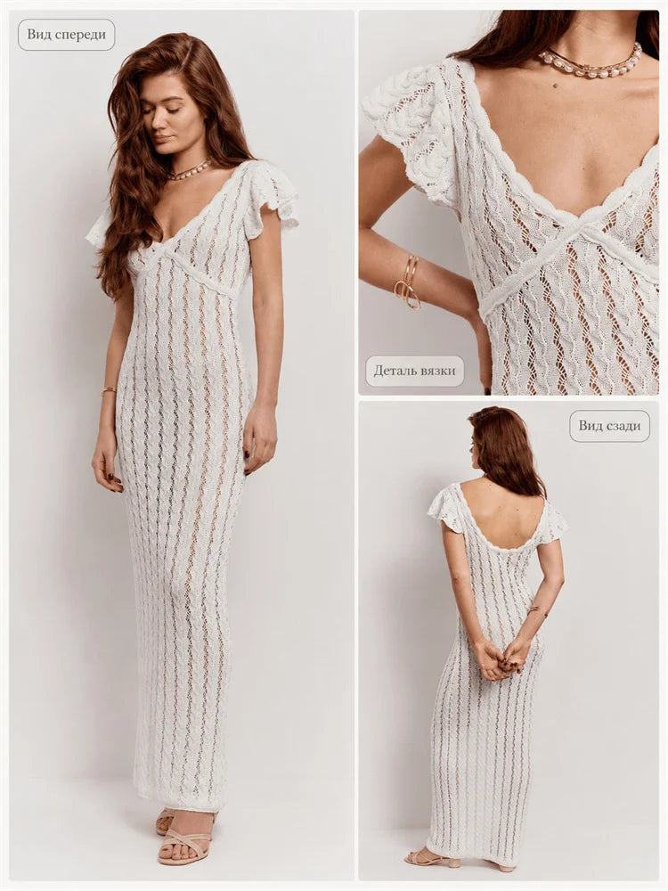 Ruffled V-Neck Hollow-Out Knit Maxi Dress