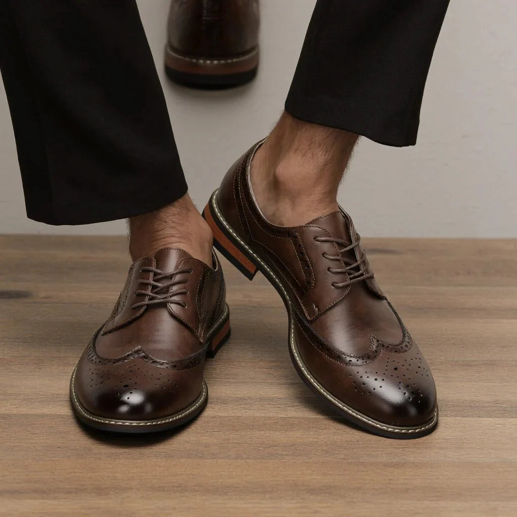 Men's lace-up brogue dress shoes in black and brown leather, formal business Oxfords by TrendLux Wear.