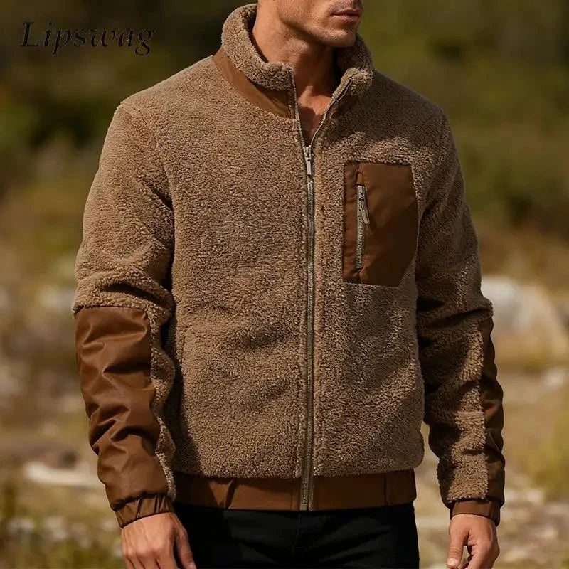 Men's vintage patchwork fleece zip-up jacket by TrendLux Wear featuring a stand collar and streetwear-inspired design.