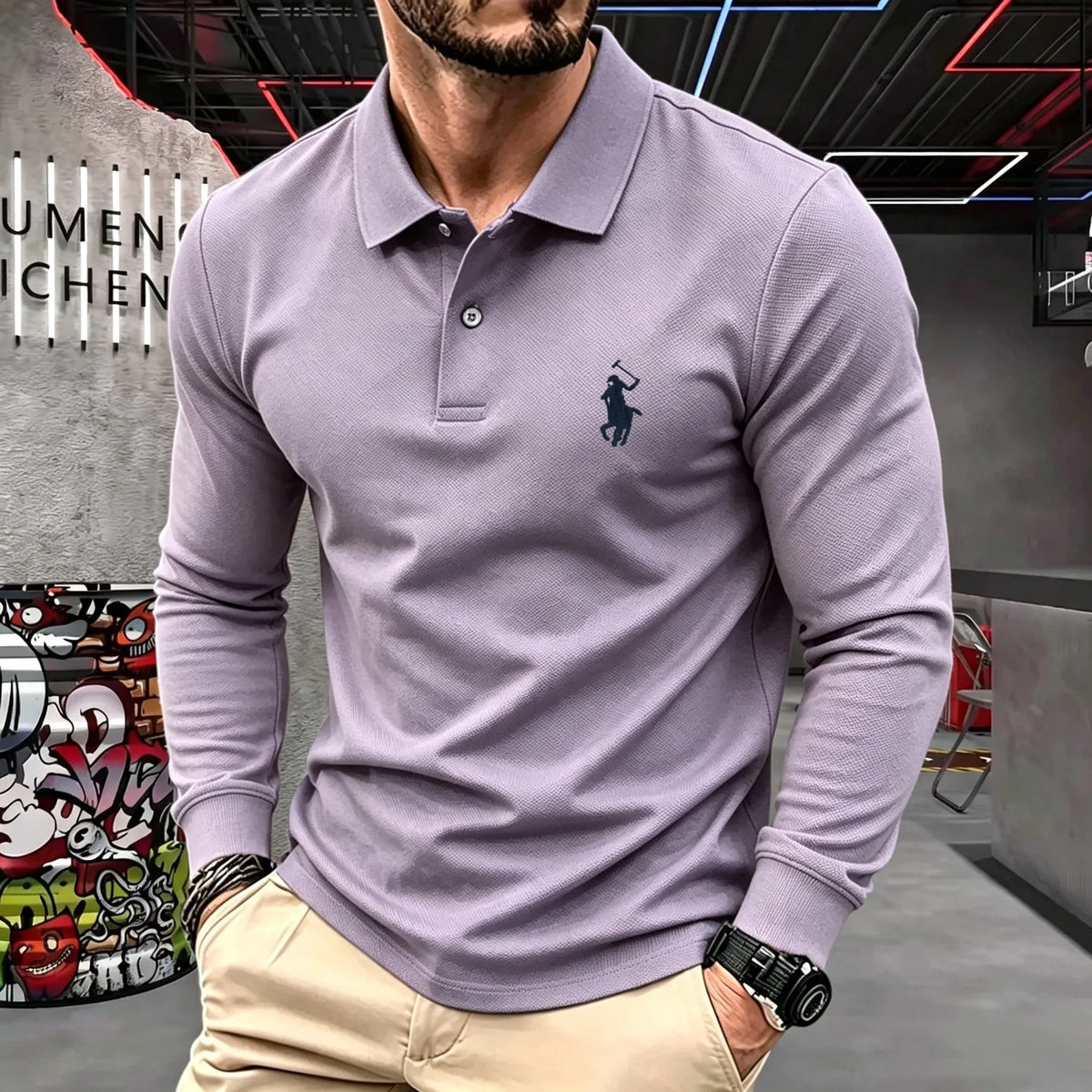 Men's Cotton Long-Sleeve Polo Shirt