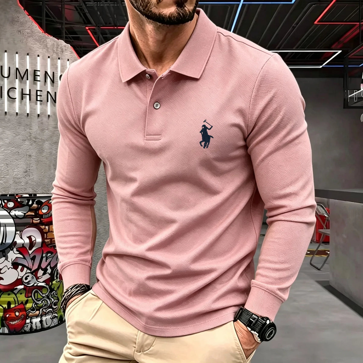 Men's Cotton Long-Sleeve Polo Shirt