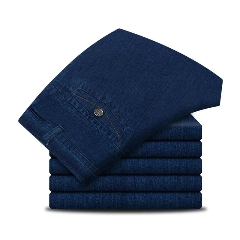 Men's high-waist straight-leg cargo jeans by TrendLux Wear with elastic waistband, perfect for spring and summer casual wear.