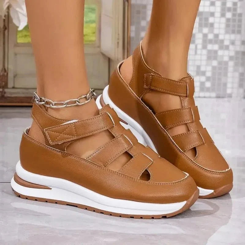 Women's PU-EVA platform wedge high heel gladiator sandals with open toe by TrendLux Wear, featuring multiple straps and a chunky heel.