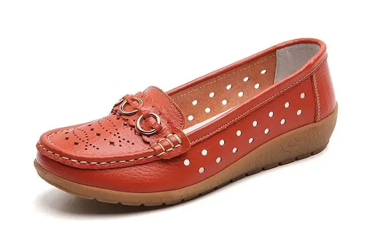 Women's breathable hollow wedge loafer pumps by TrendLux Wear, shown in stylish leather with comfortable wedge heel.