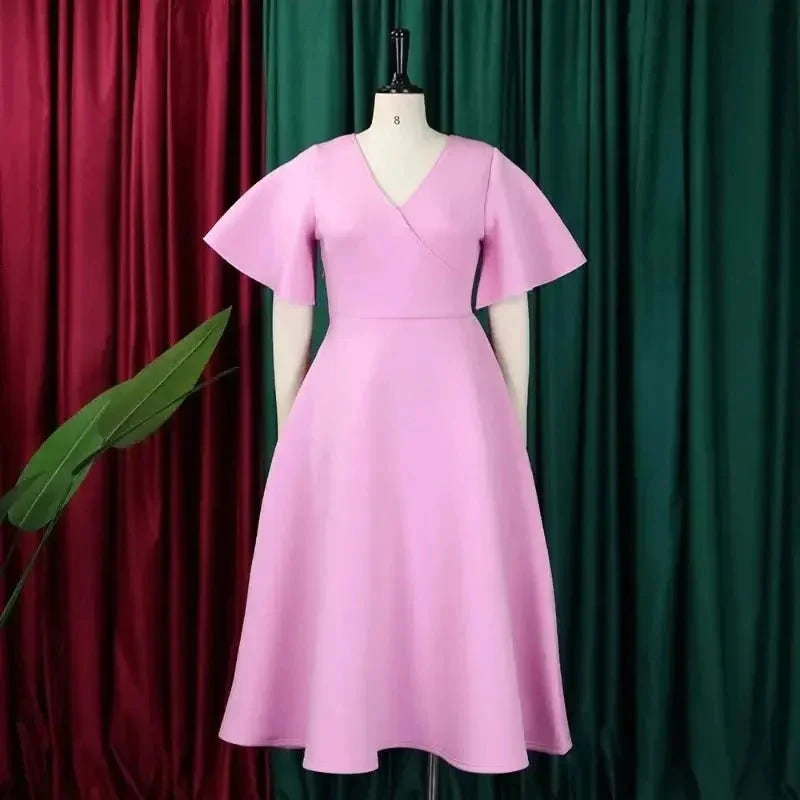 Women's high waist flare sleeve pleated A-line midi dress by The Glow Sanctuary, featuring polyester fabric and stylish design.