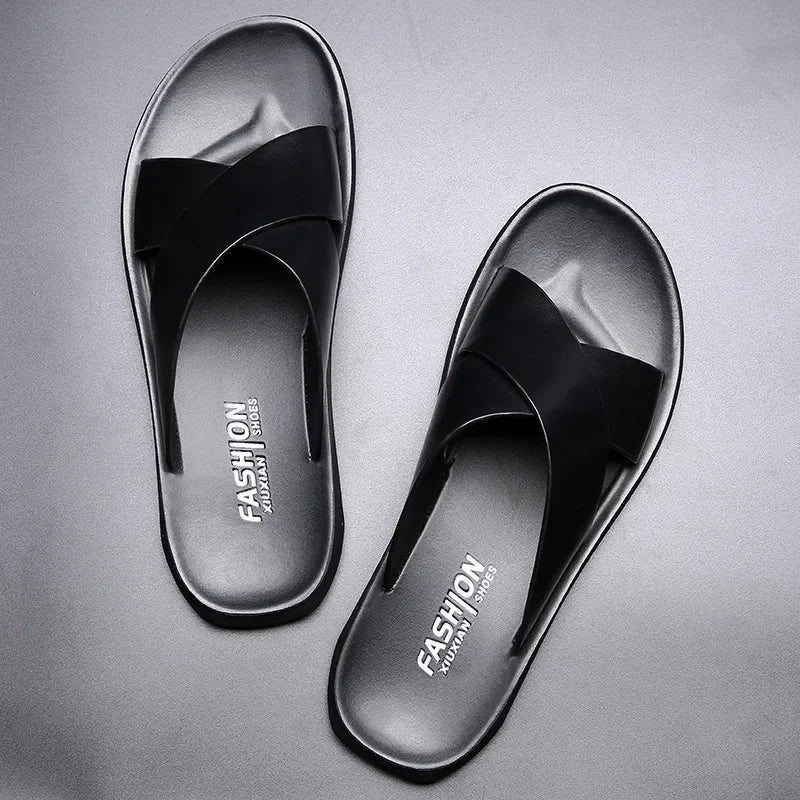 Men's genuine leather beach sandals by TrendLux Wear, casual non-slip flats in EU sizes 38 to 50, showing comfortable leather straps.