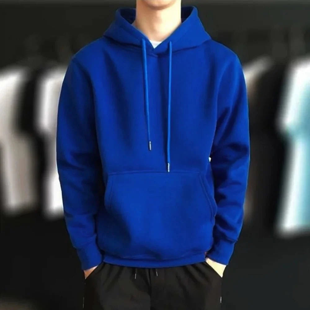 Men’s Harajuku pullover hoodie by TrendLux Wear, casual streetwear sweatshirt in various colors, front view with hood and long sleeves.