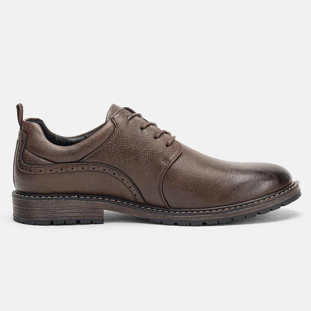 Brown lace-up derby shoes with a round toe, made of PU, featuring a textured upper and rubber sole.
