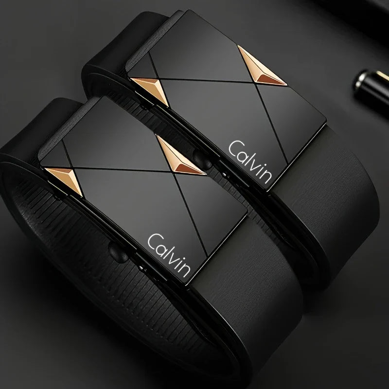 Men's PU leather belt with automatic buckle in gold, silver, and gunmetal from TrendLux Wear, suitable for dress and casual wear.