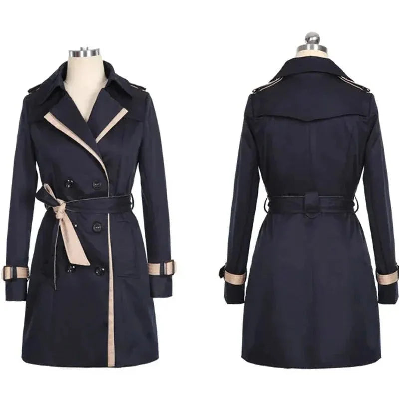 Women's double-breasted long trench coat by TrendLux Wear, stylish outerwear with classic design and belt detail.