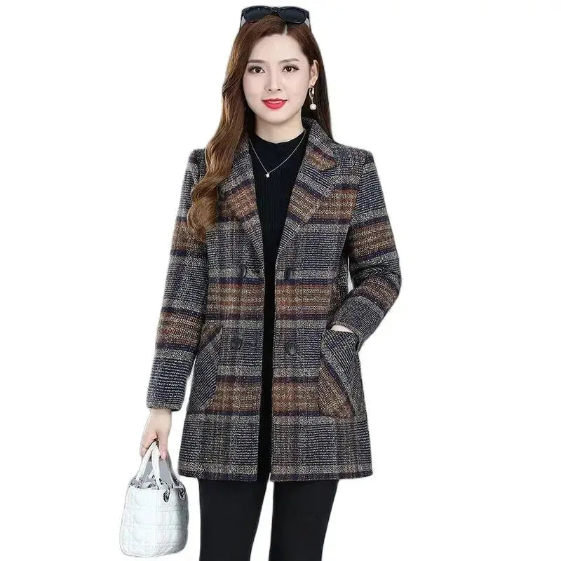 TrenLux Wear Women's Plaid Woolen Overcoat — Elegant Double-Breasted Autumn Winter Coat TrenLux Wear