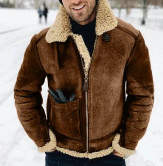Men's Faux Leather Suede Fur-Lined Winter Jacket – Turn Down Collar Coat