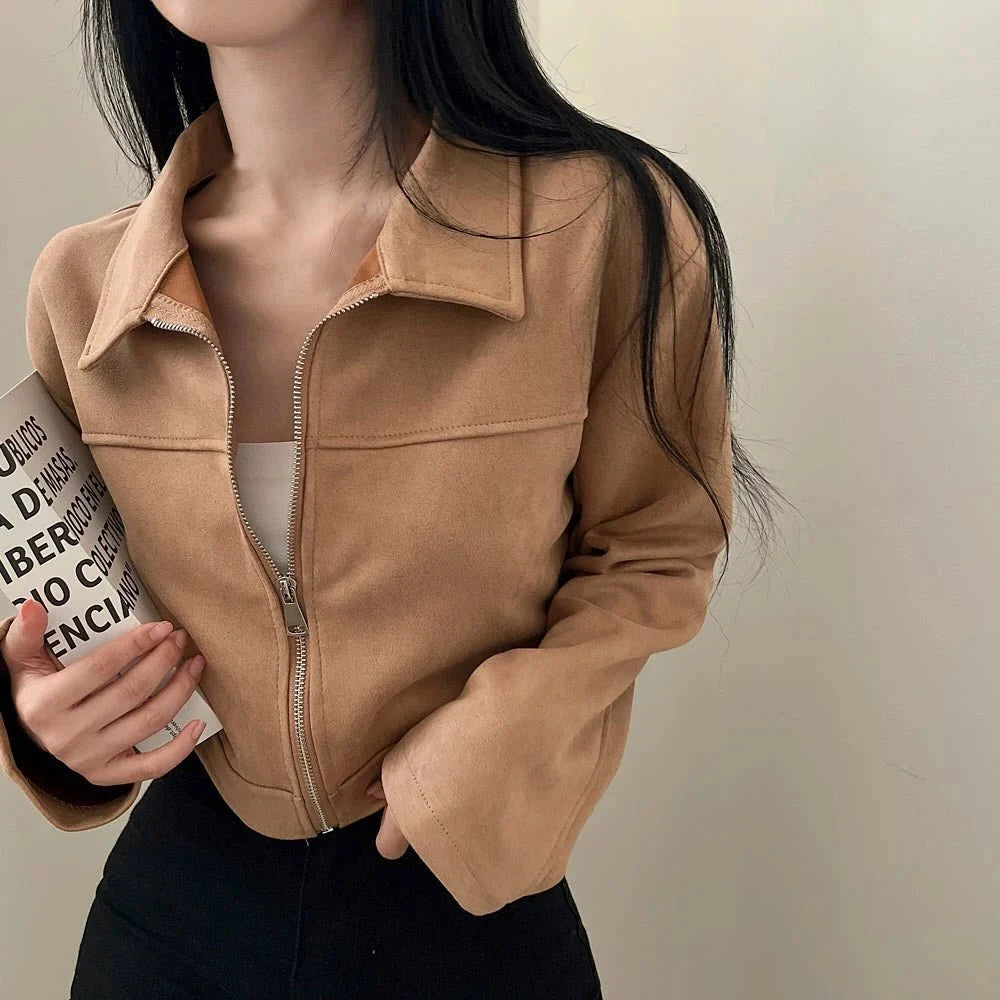 Women's retro lapel zip jacket by TrendLux Wear, slim fit patchwork short coat in stylish outerwear for spring and fall.