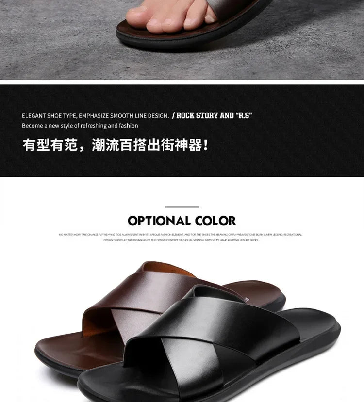 Men's genuine leather beach sandals by TrendLux Wear, casual non-slip flats in EU sizes 38–50, shown in a close-up view.