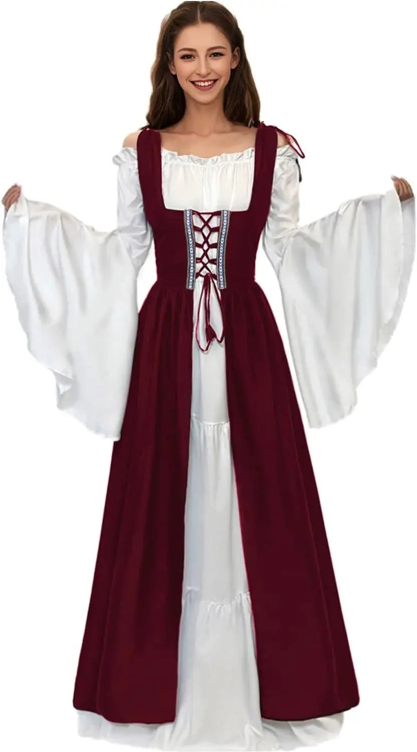Women's polyester medieval Renaissance Faire costume dress with flowing sleeves and intricate details, perfect for historical reenactments.