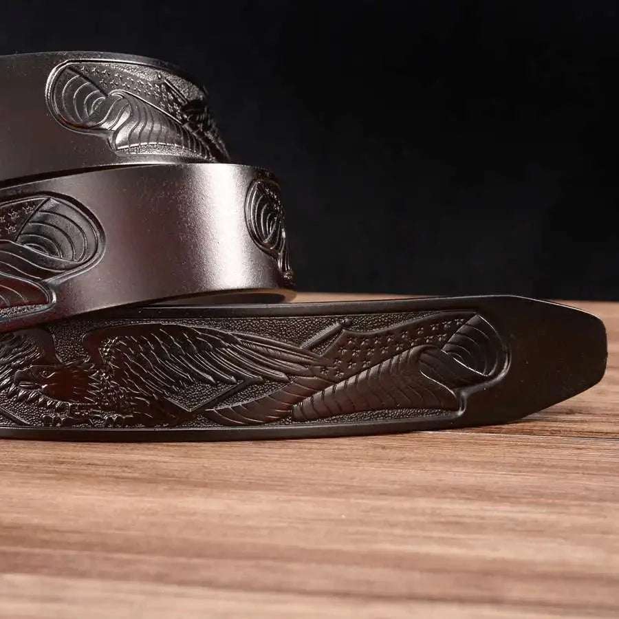 Men's genuine leather ratchet belt with automatic buckle, 35mm wide, from TrendLux Wear, displayed in a gift box.