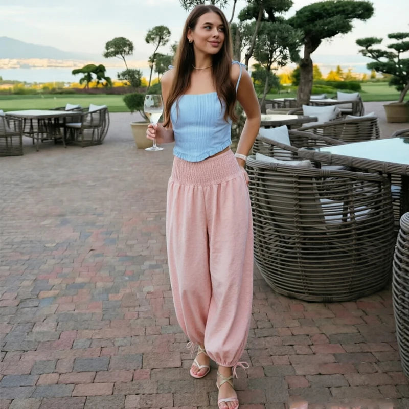 TrendLux Women's Pink High Waist Wide Leg Balloon Pants – Casual Summer Trousers