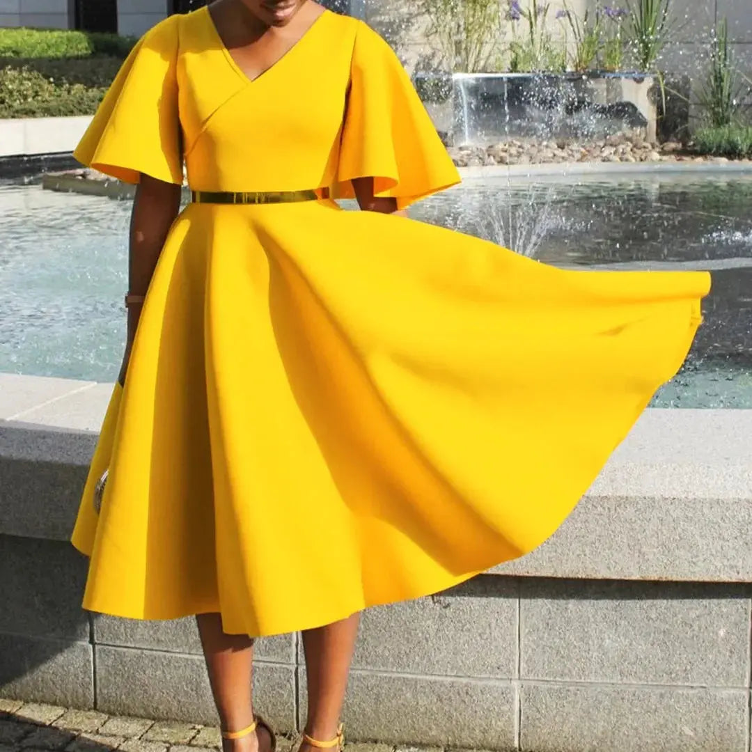 TrenLux Wear Women's Polyester High Waist Flare Sleeve Pleated A-Line Midi Dress The Glow Sanctuary