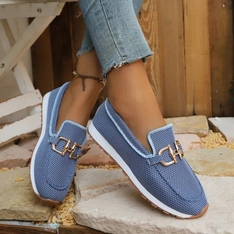 Women's TrendLux Wear thick sole slip-on loafers in beige, white, blue, and gray with round toe and comfortable casual style.