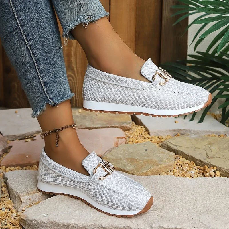 Women's TrendLux Wear thick sole slip-on loafers with round toe in beige, white, blue, and gray, available in sizes 36–43.