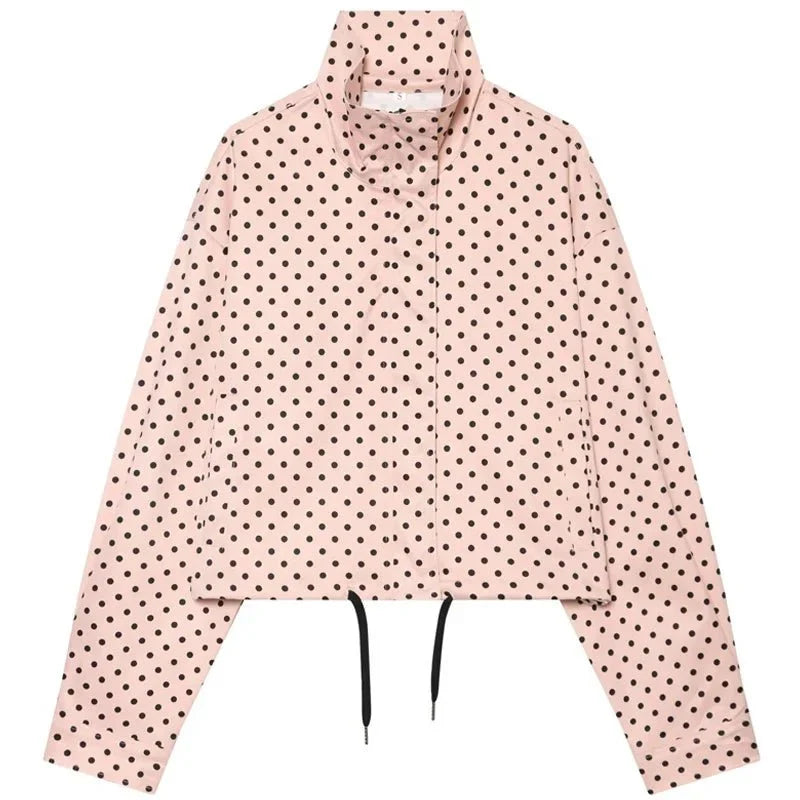 Women's TrenLux Wear polka dot bomber jacket, oversized aviator-style zip-up coat with long sleeves and cropped length.