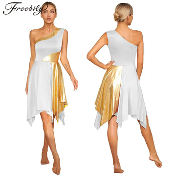 TrendLux Women's Polyester-Spandex One-Shoulder Metallic Lyrical Dance Worship Dress