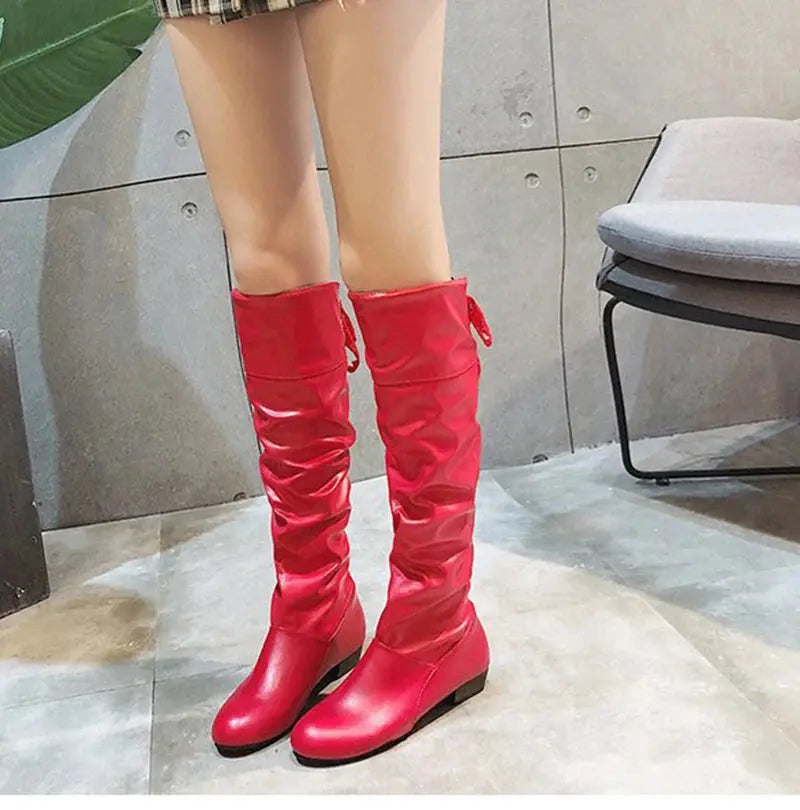 TrenLux Wear Women's Pleated Lace-Up Knee-High Boots — Low Heel, Black, White & Red, Sizes 35–43 TrenLux Wear