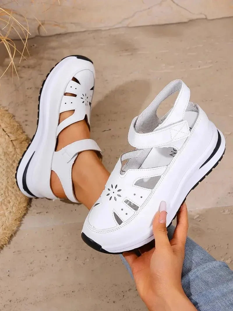Women's PU buckle strap closed toe wedge office sandals by TrendLux Wear, featuring a stylish design and comfortable fit.