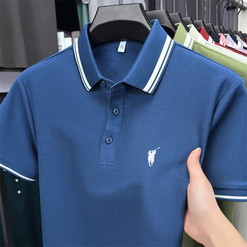 Navy blue short sleeve polo shirt with white stripes on the collar and a small embroidered horse logo on the chest.