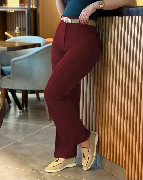 Women's high waist straight-leg work pants by TrendLux Wear, slim fit elegant trousers shown in a professional outfit.