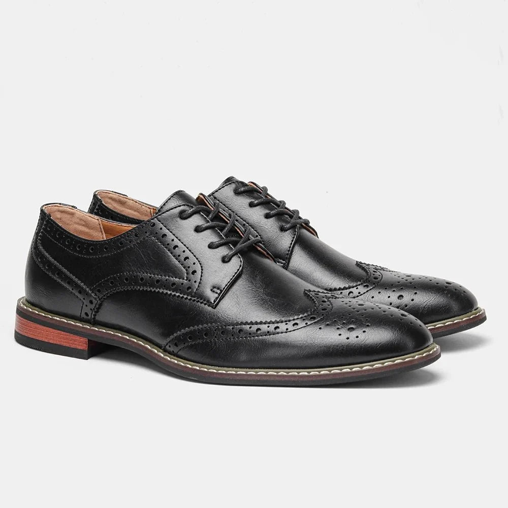 Men's black and brown leather lace-up brogue dress shoes by TrendLux Wear, formal men's business oxford shoes with decorative perforations.