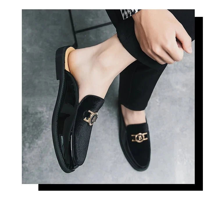 Men's black faux suede slip-on mules by TrendLux Wear, casual loafers with breathable design in EU sizes 35-47.