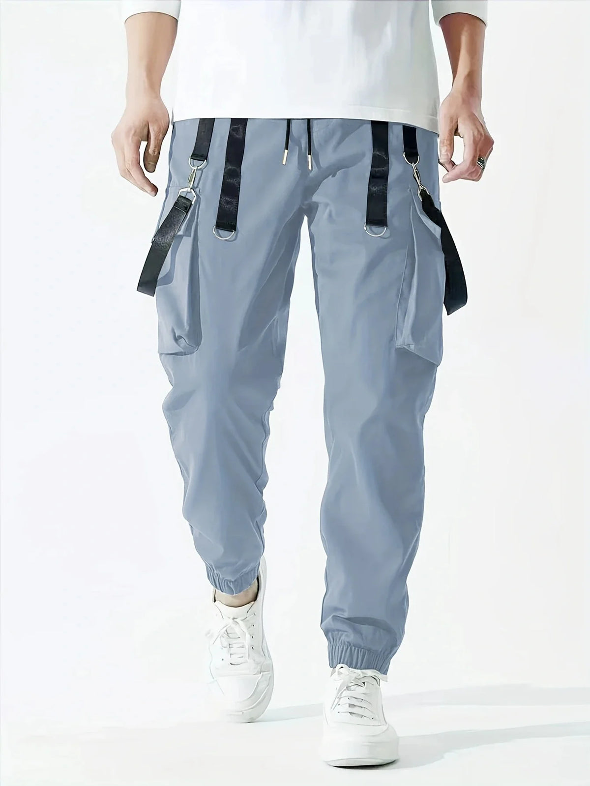 Men's techwear cargo joggers by TrendLux Wear with drawstring waist and multiple pockets in six colors, suitable for streetwear and hip hop style.