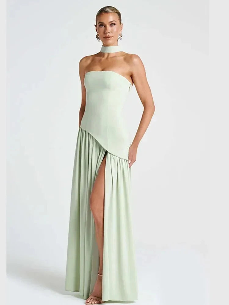 Women's Strapless Backless Maxi Dress with Ribbon Scarf - TrendLux Wear