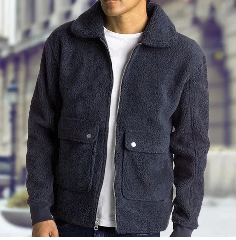 Men's double pocket Sherpa zip-up jacket by TrendLux Wear, featuring a cozy outdoor streetwear coat with front pockets and a zip closure.