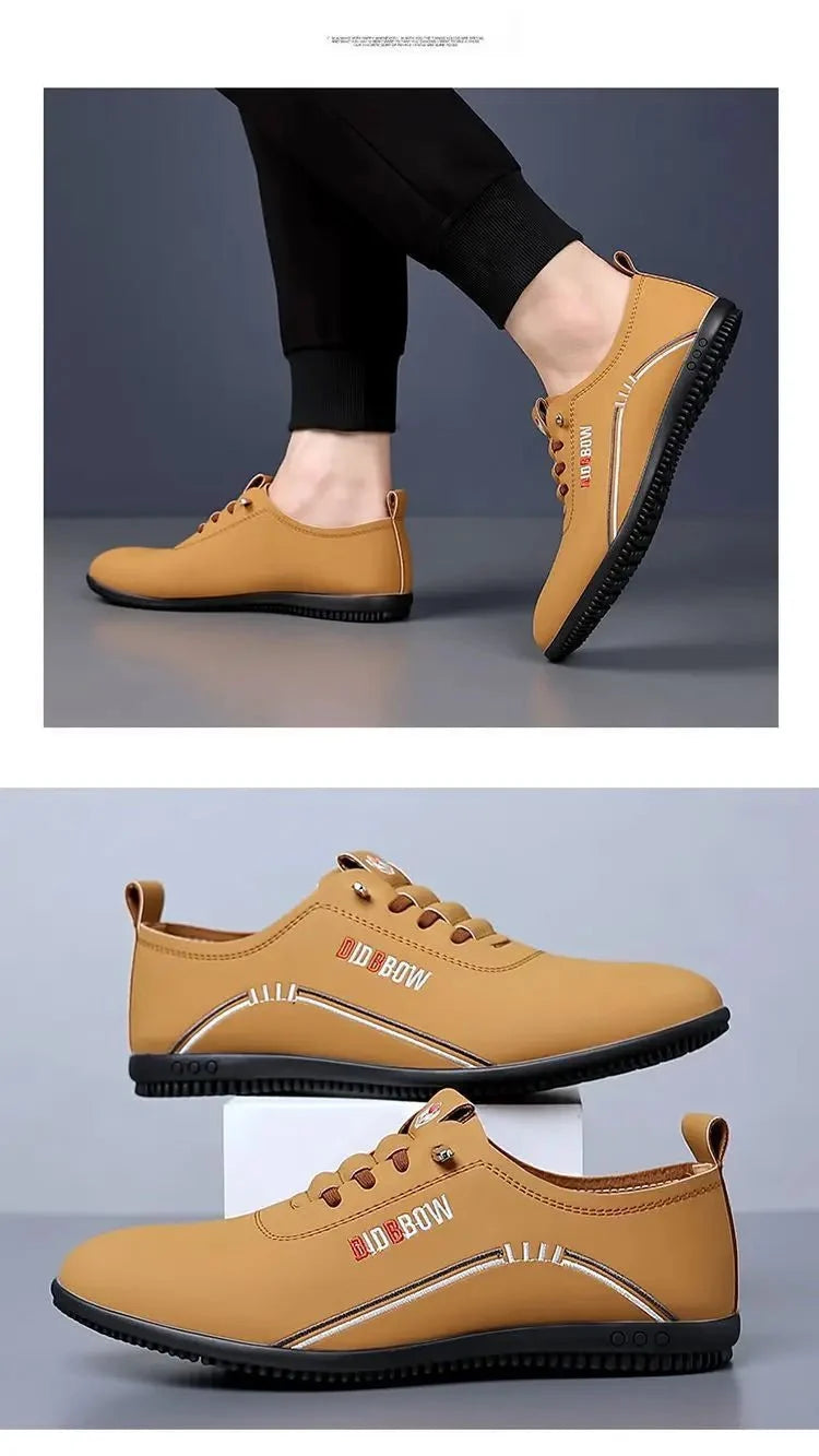 Men's soft sole leather loafers by TrendLux Wear, lightweight slip-on moccasin walking shoes shown in a close-up image.