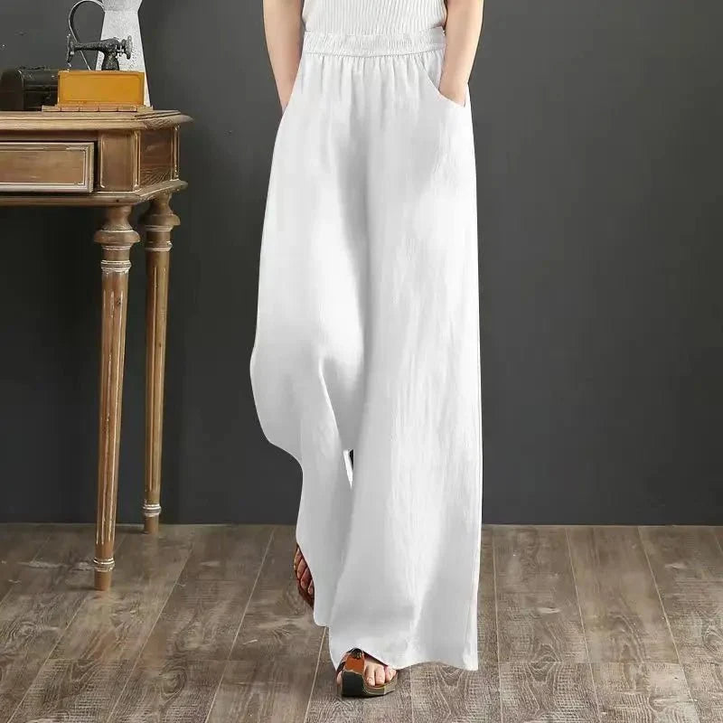 Women's linen and cotton casual trousers with elastic waist and wide-leg fit from TrendLux Wear, shown in natural beige fabric.