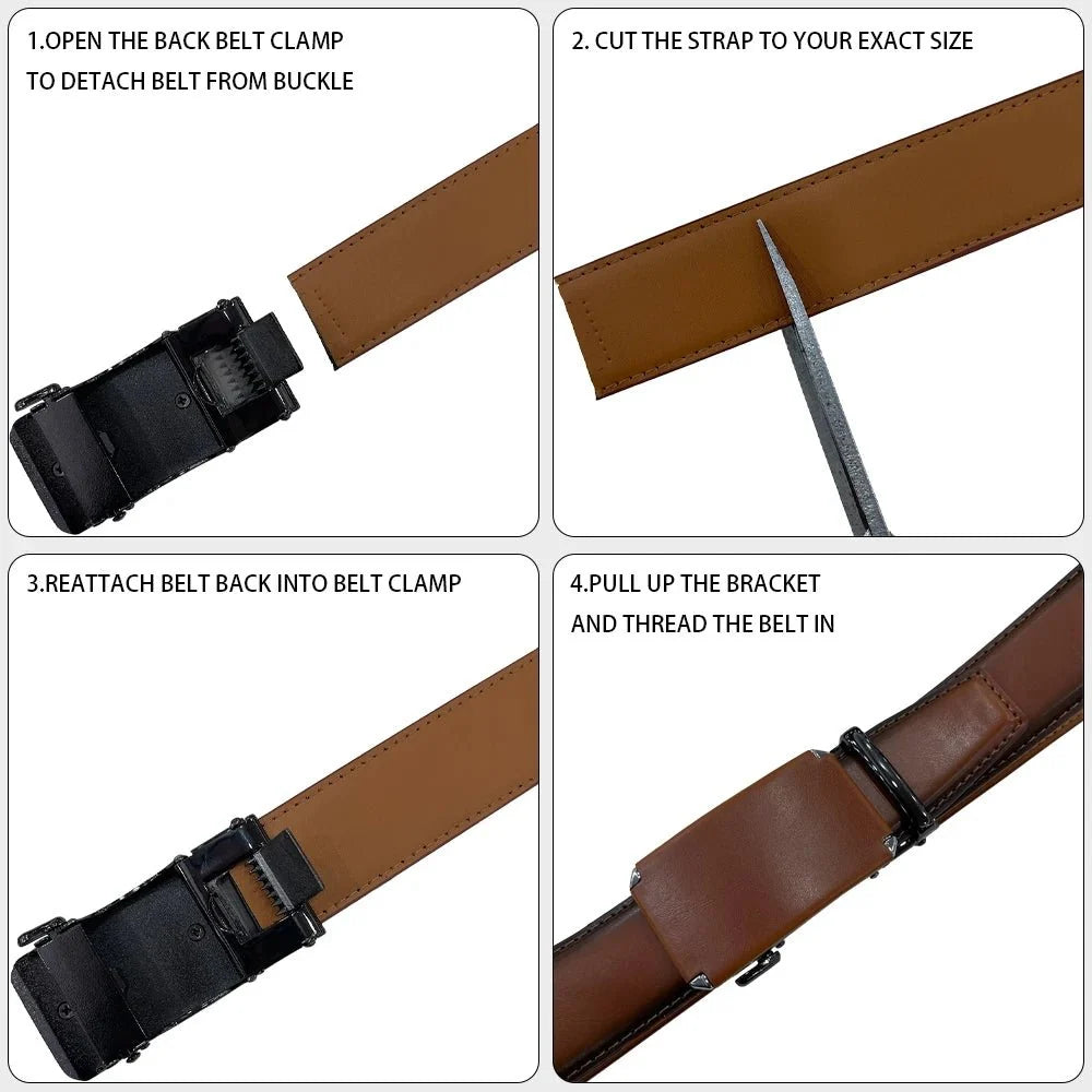 Men's leather belt with automatic buckle and adjustable waistband from TrendLux Wear, showing the sleek strap and buckle detail.