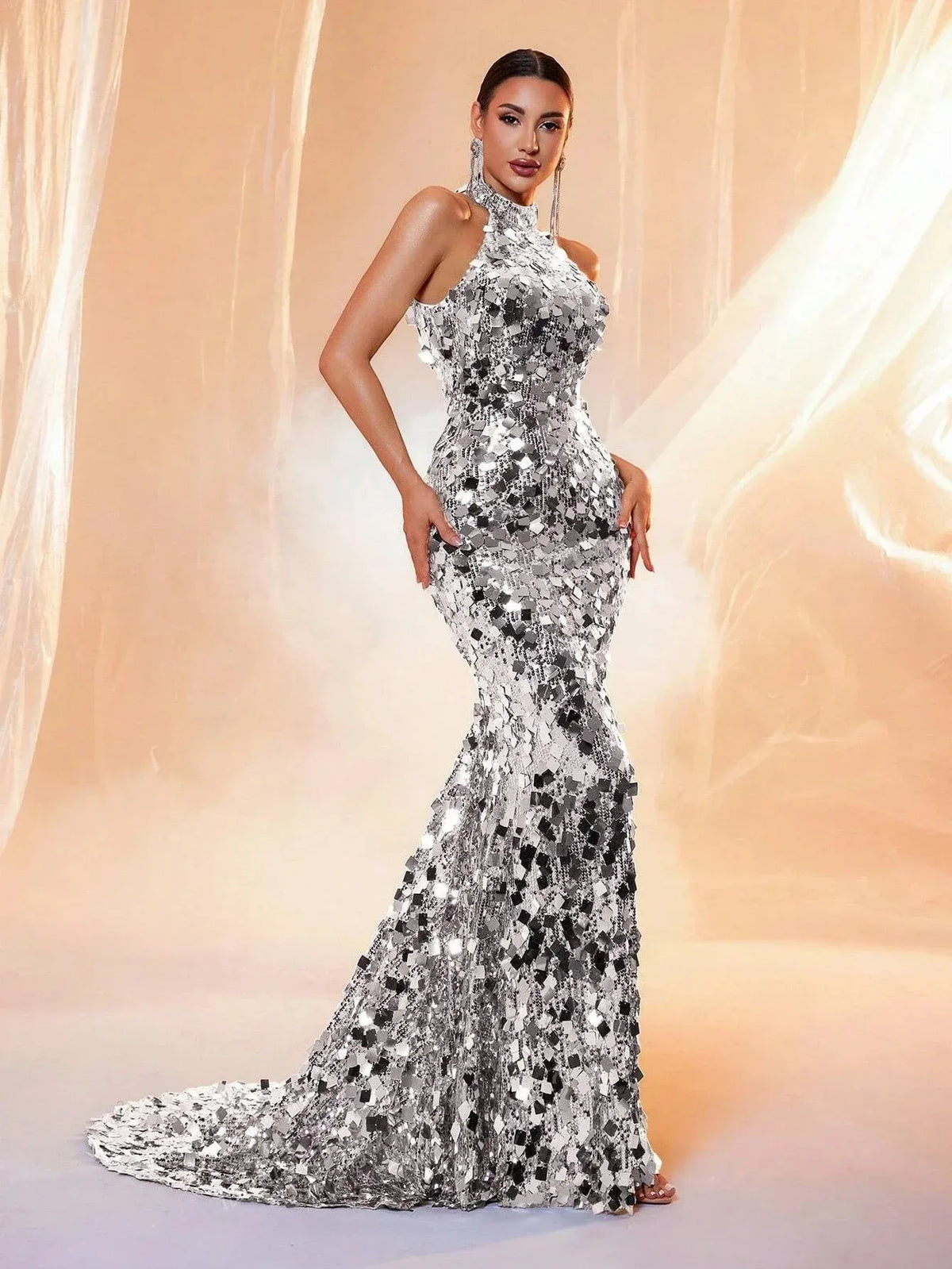 Brown Sequin Halter Backless Maxi Evening Dress - TrendLux Wear