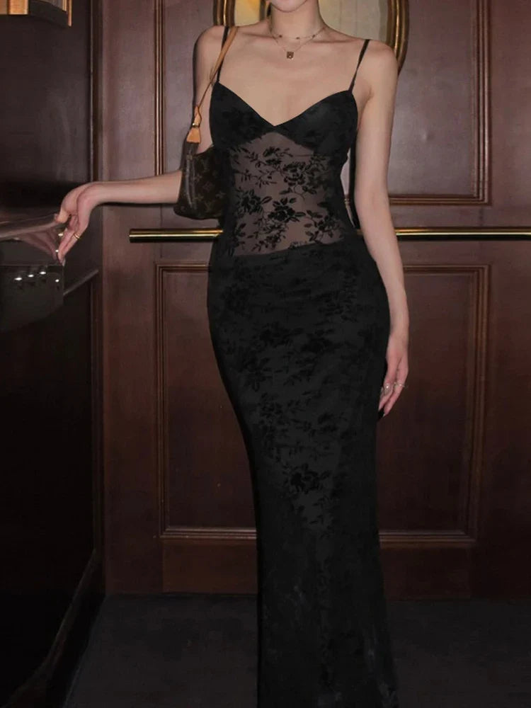 Black Sheer Floral Backless Maxi Dress