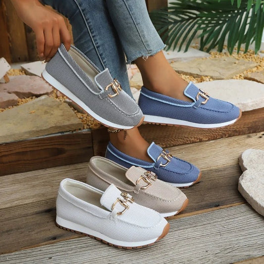 Women’s TrendLux Wear thick sole casual slip-on loafers in beige, white, blue, and gray with round toes and comfortable design.