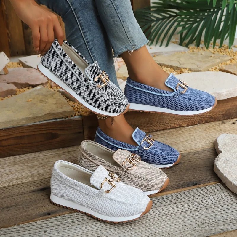 Women's beige slip-on loafers with thick soles, round toe, casual style, from TrendLux Wear, available in sizes 36 to 43.