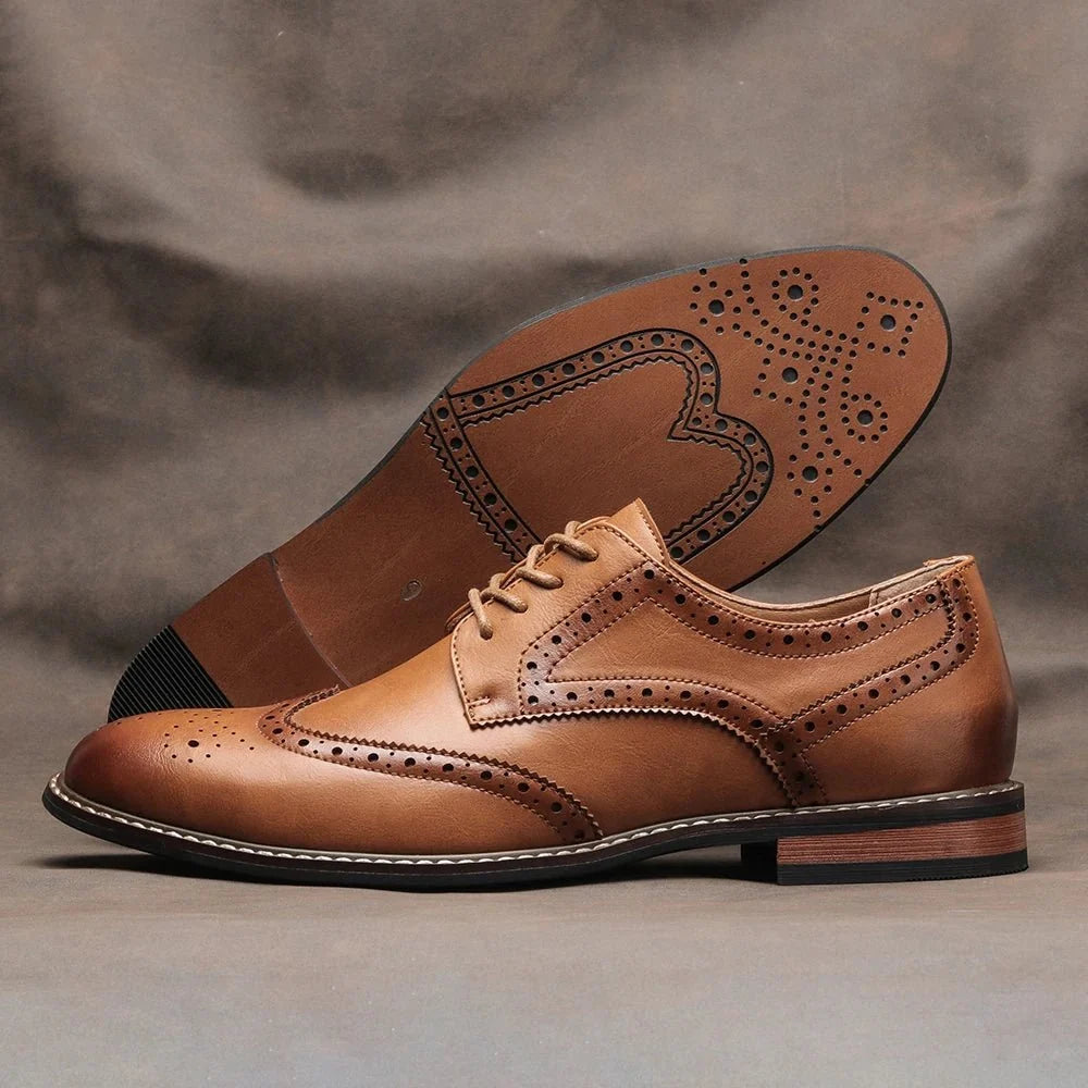 Men's black and brown leather lace-up brogue dress shoes by TrendLux Wear, formal business oxfords with detailed perforations.