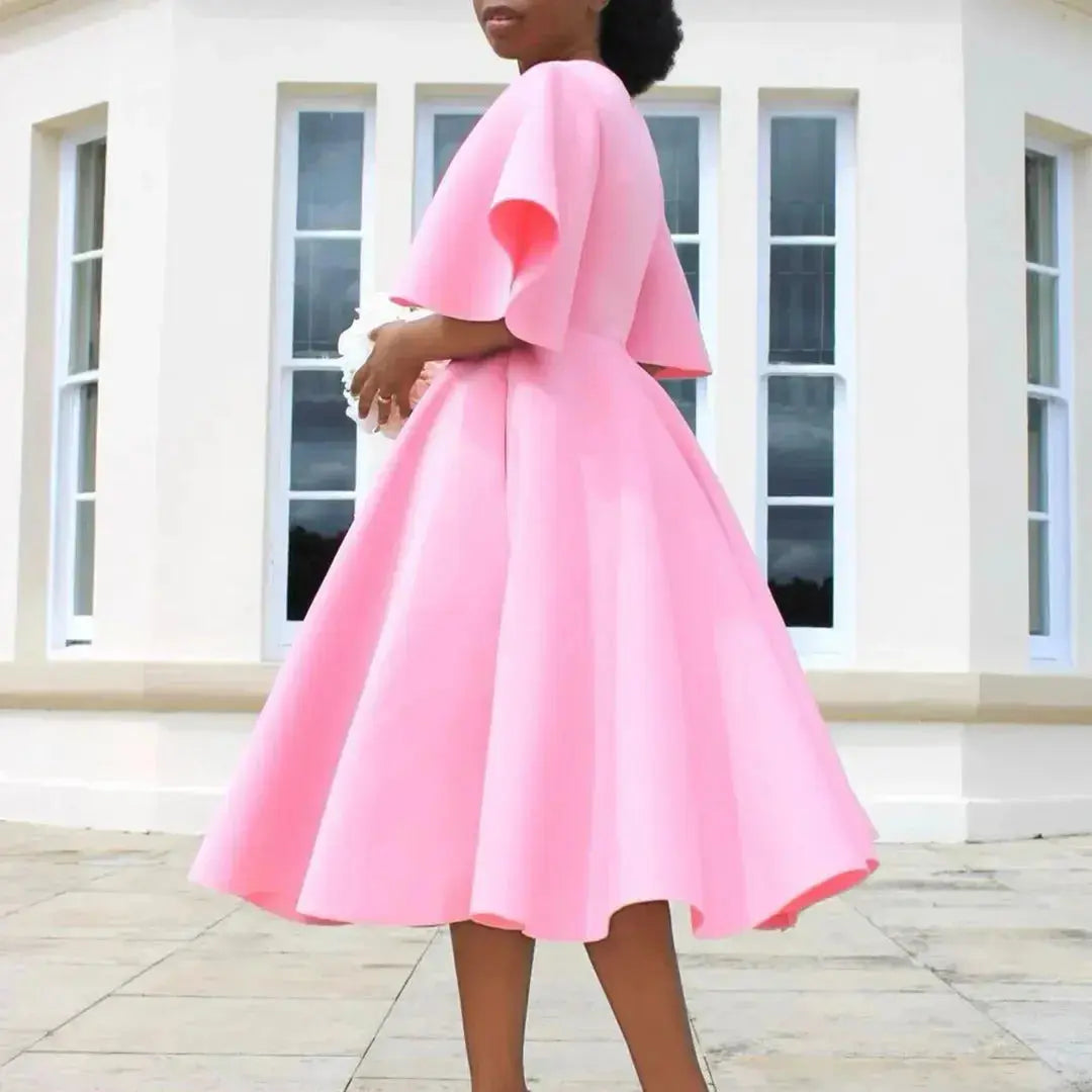 TrenLux Wear Women's Polyester High Waist Flare Sleeve Pleated A-Line Midi Dress The Glow Sanctuary
